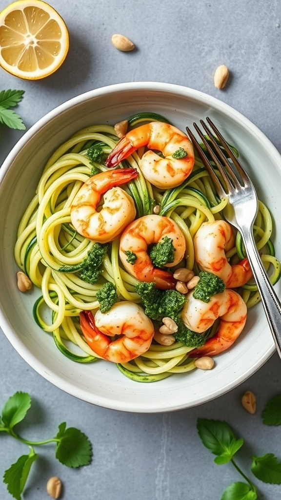A bowl of zucchini noodles topped with grilled shrimp and pesto, garnished with nuts and lemon.