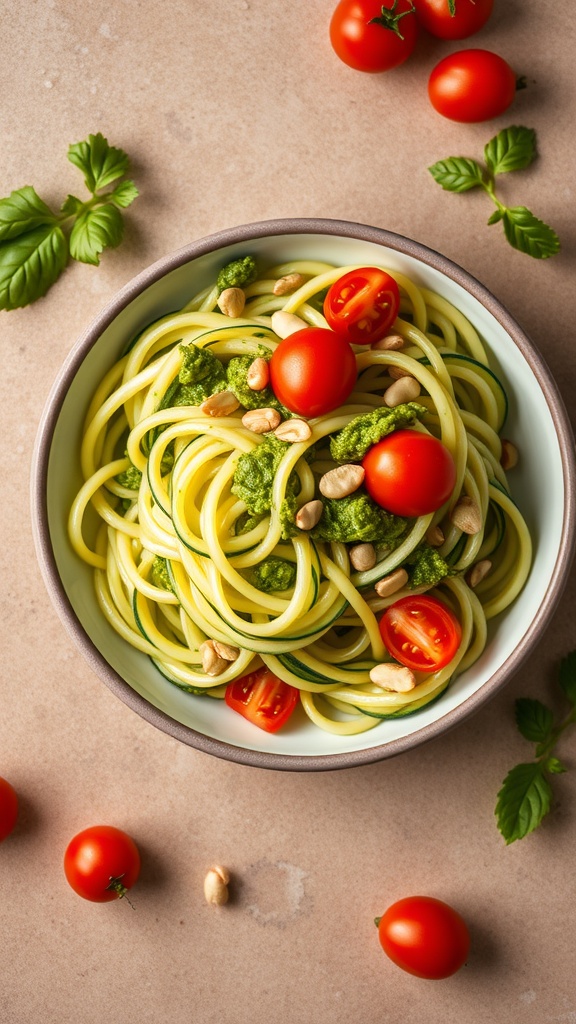 A bowl of zucchini noodles topped with pesto, cherry tomatoes, and pine nuts.