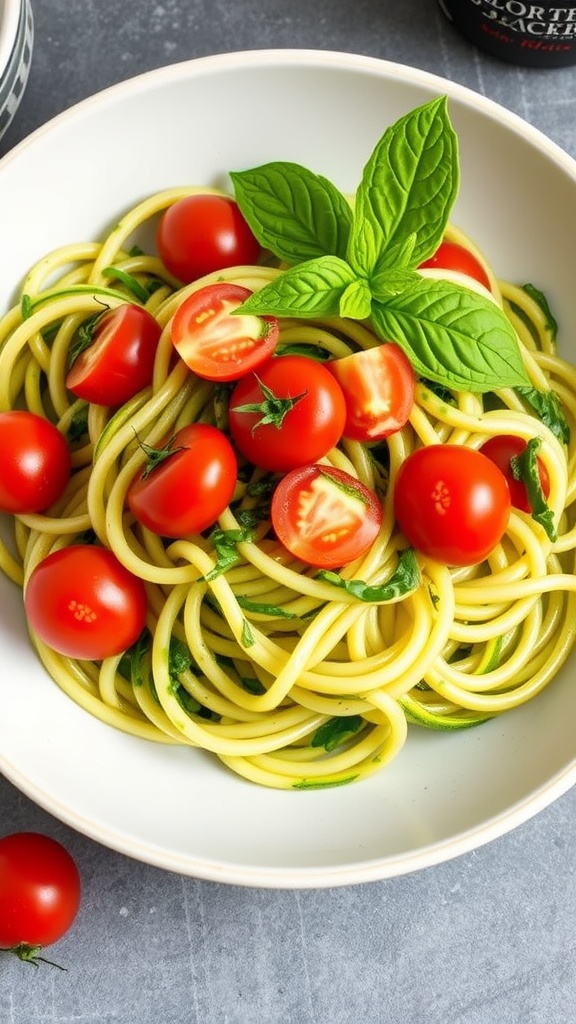 A bowl of zucchini noodles topped with cherry tomatoes and fresh basil.