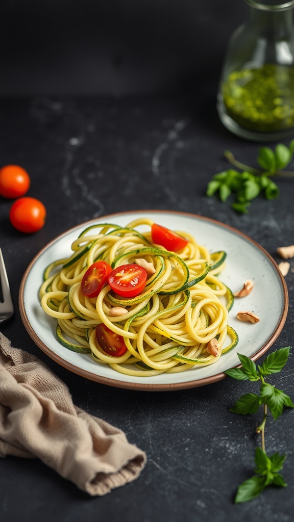 A plate of zucchini noodles with cherry tomatoes and pesto.