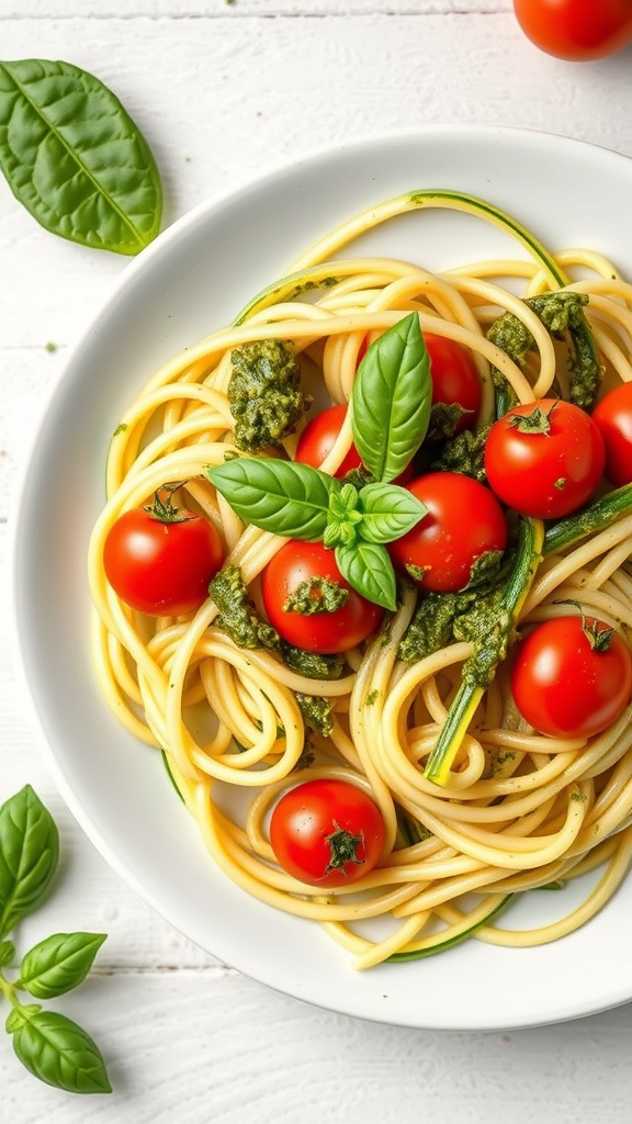 A bowl of zucchini noodles with pesto, cherry tomatoes, and fresh basil.