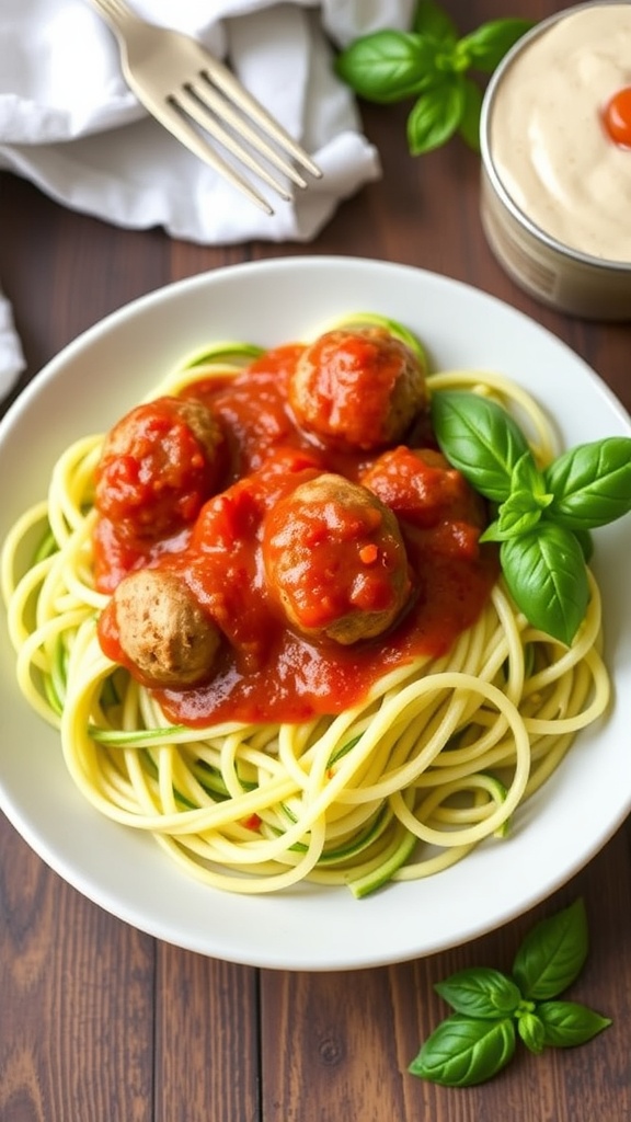 A plate of zucchini noodles topped with turkey meatballs and marinara sauce, garnished with fresh basil.