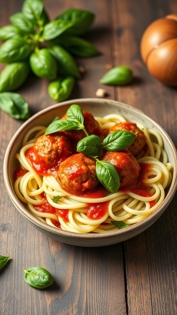 A bowl of zucchini noodles topped with turkey meatballs and marinara sauce, garnished with fresh basil.