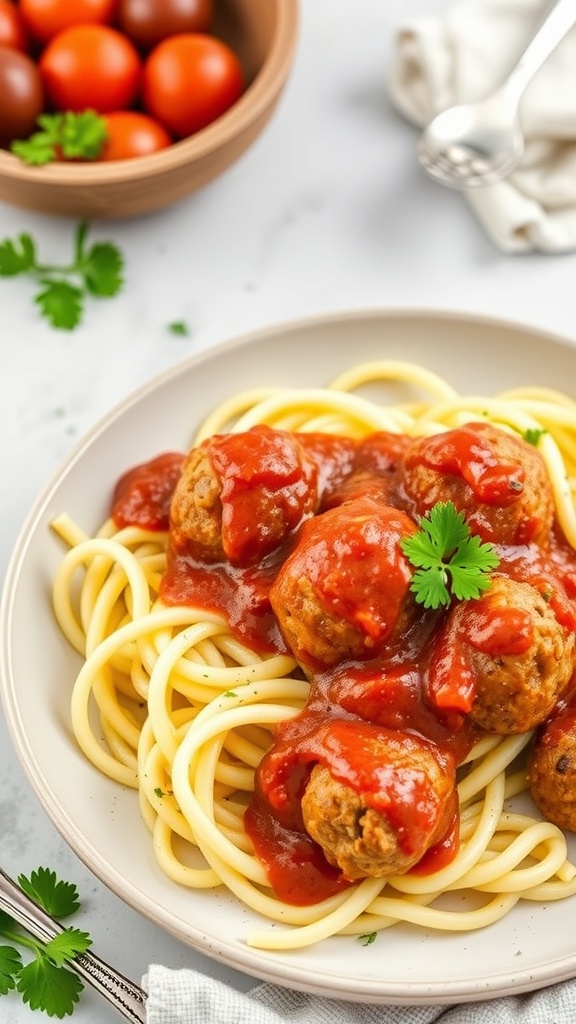 A plate of zucchini noodles topped with turkey meatballs and marinara sauce, garnished with fresh herbs.