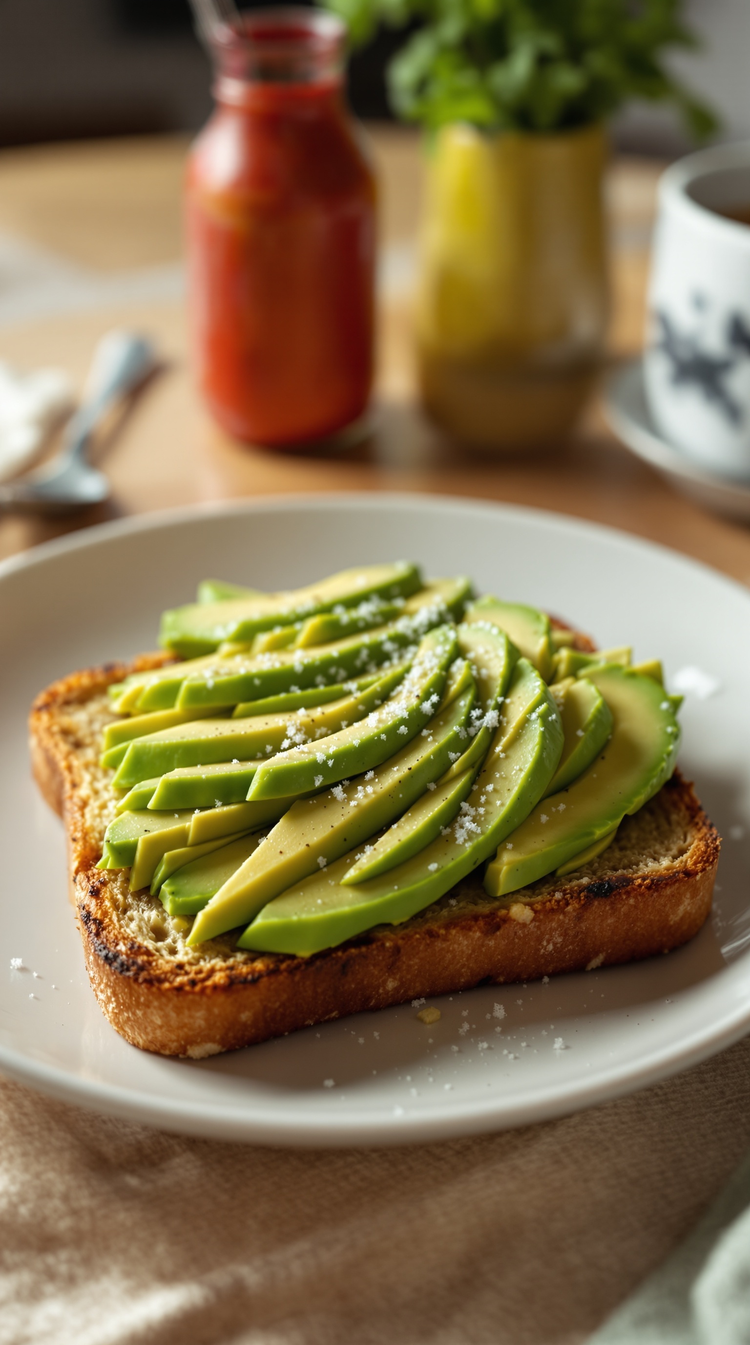 Avocado slices on toasted bread, garnished with salt, on a white plate.