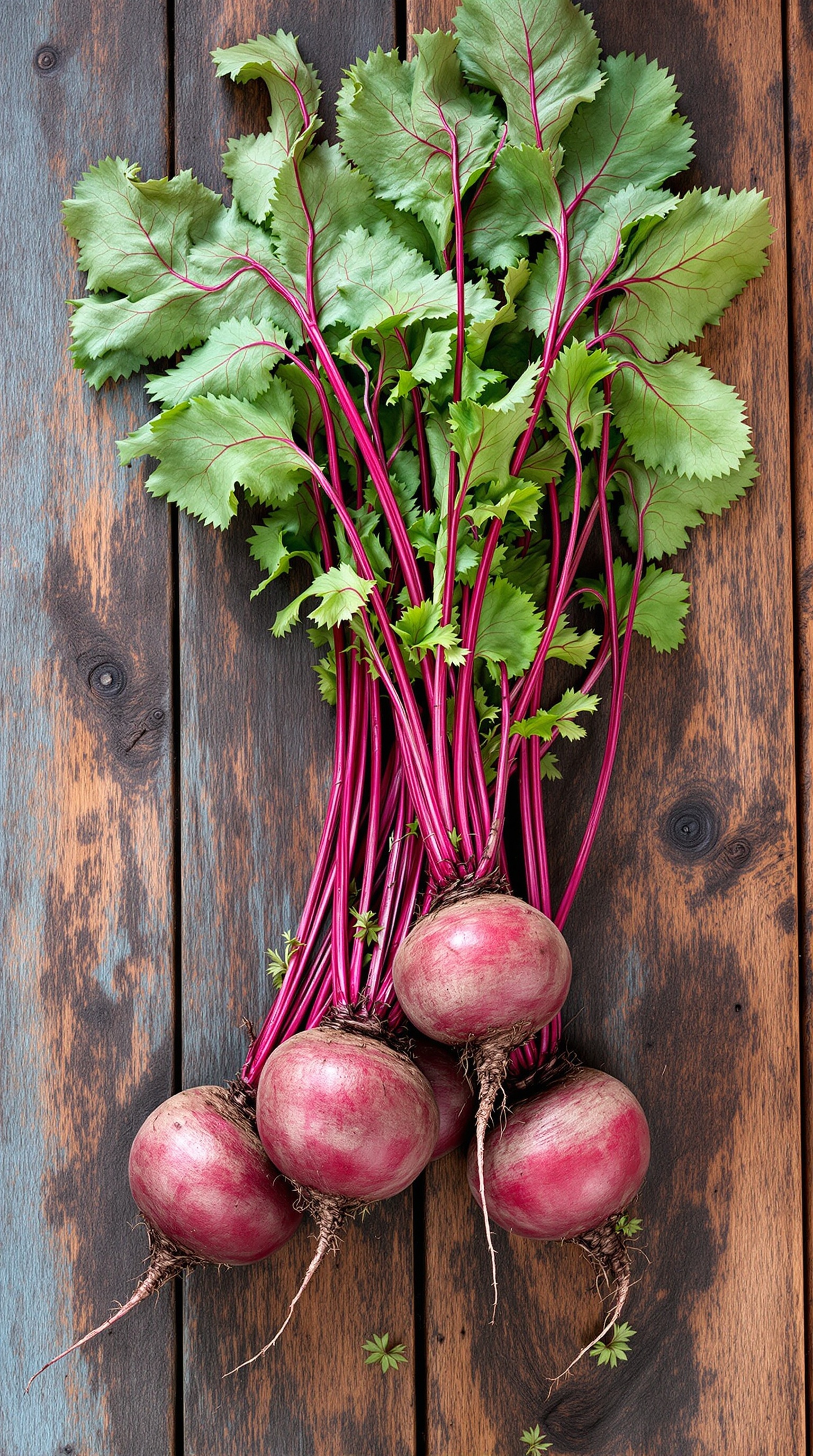 Fresh beets with green leaves on a wooden table