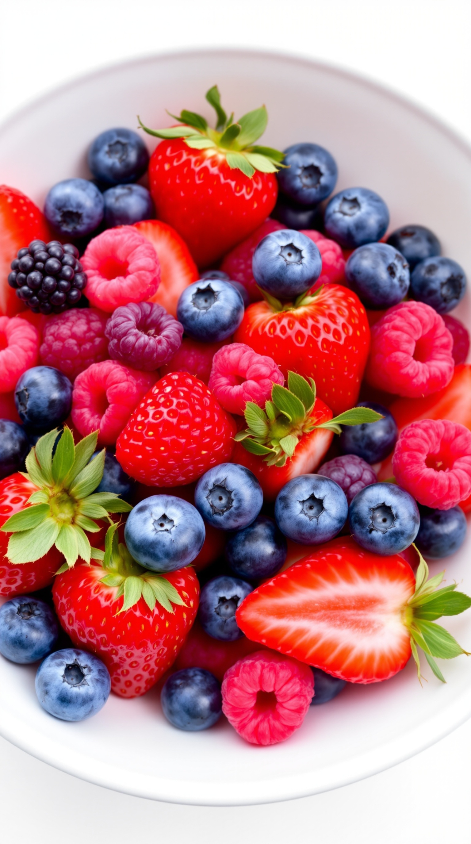 A bowl filled with various fresh berries including strawberries, blueberries, raspberries, and blackberries.