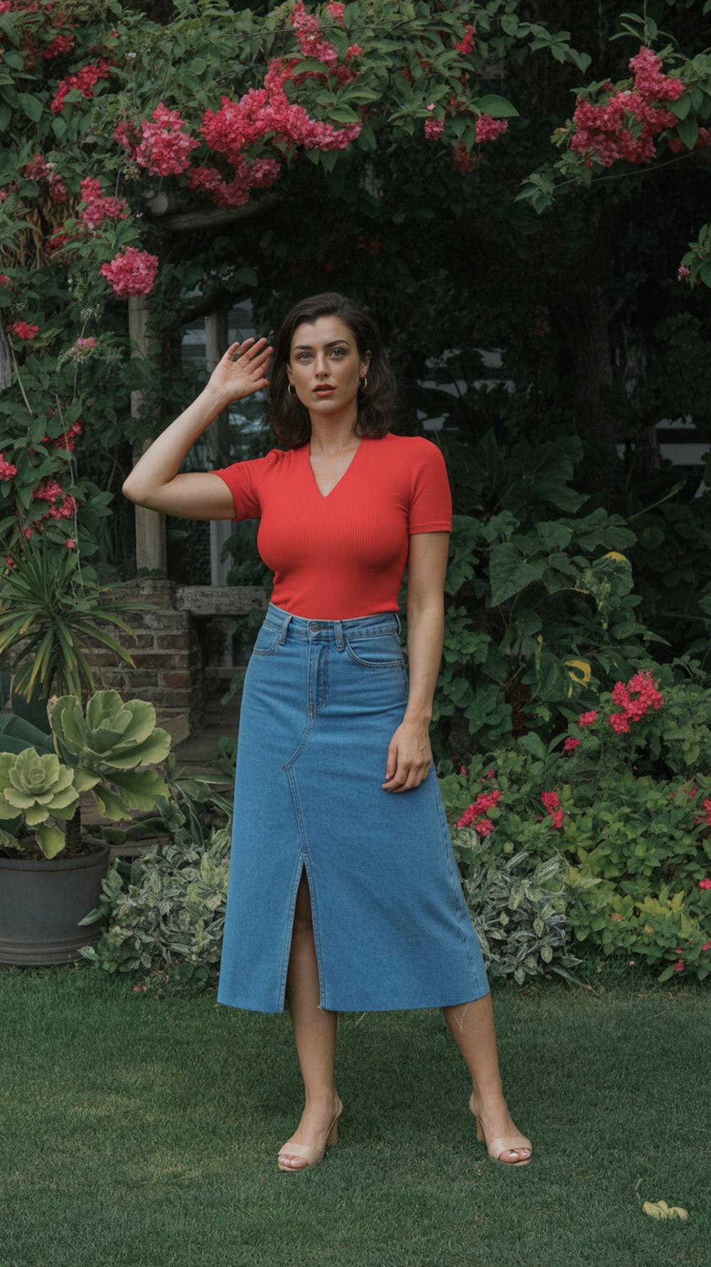 Woman in a red top and blue jean skirt posing in a garden