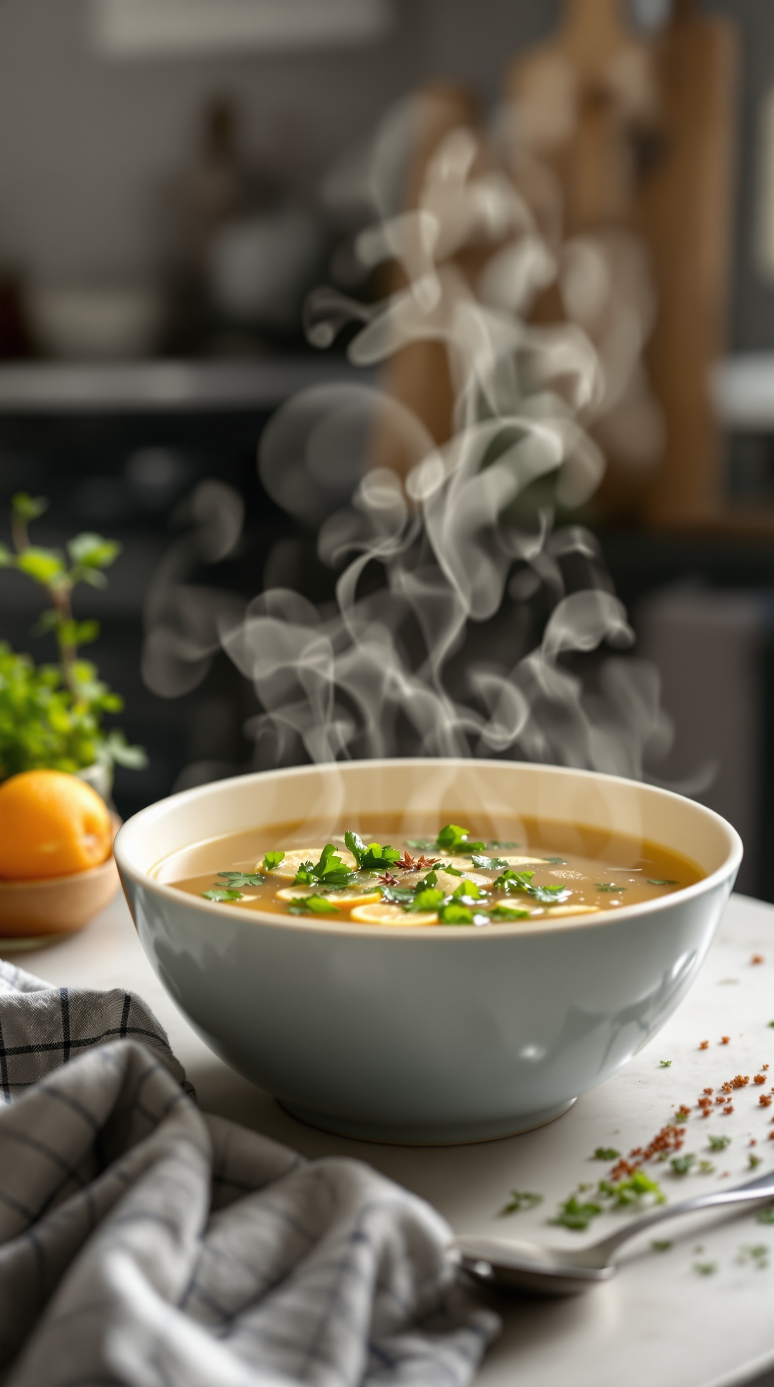 A steaming bowl of bone broth adorned with fresh herbs, surrounded by ingredients for making broth.