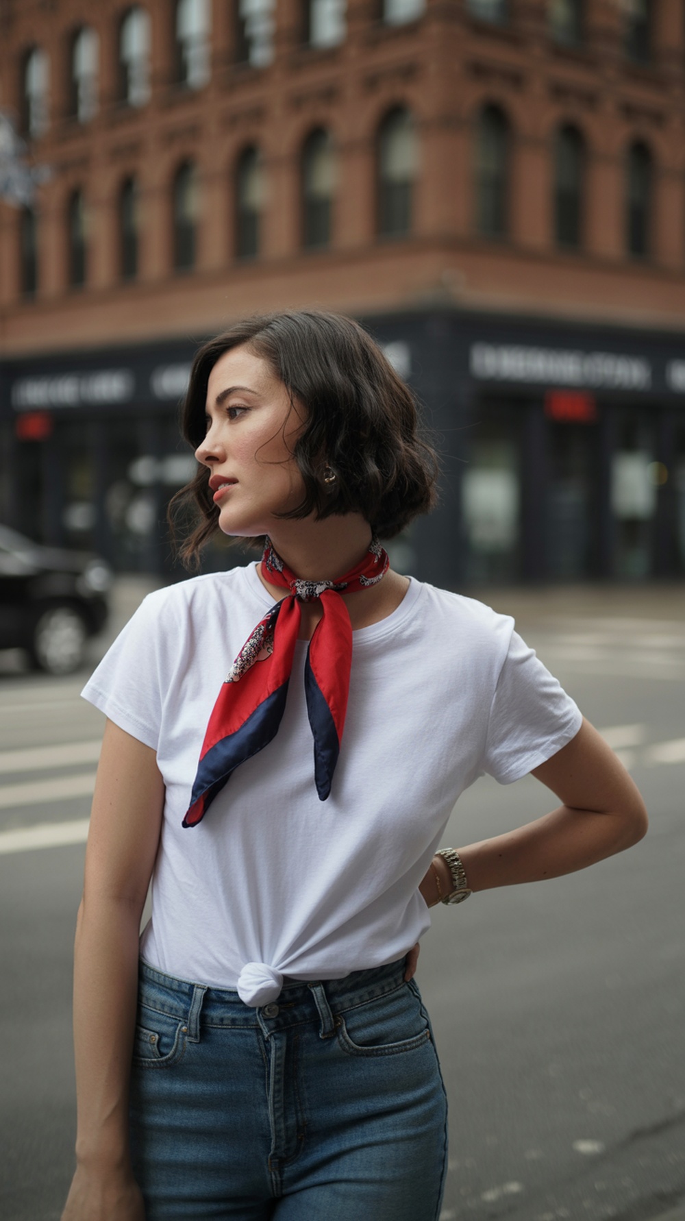 A woman wearing a white t-shirt and a red and blue scarf stands confidently on a city street.