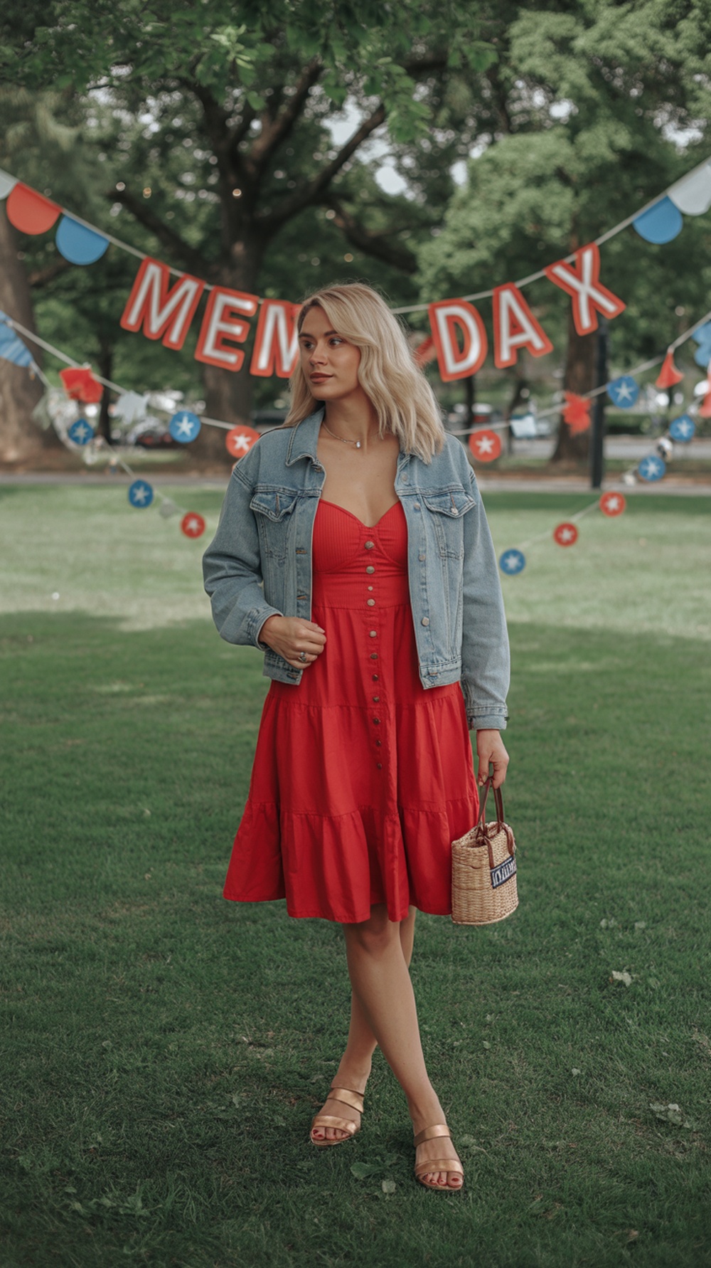 Woman in a red sundress with denim jacket posing in a park with Memorial Day decorations.