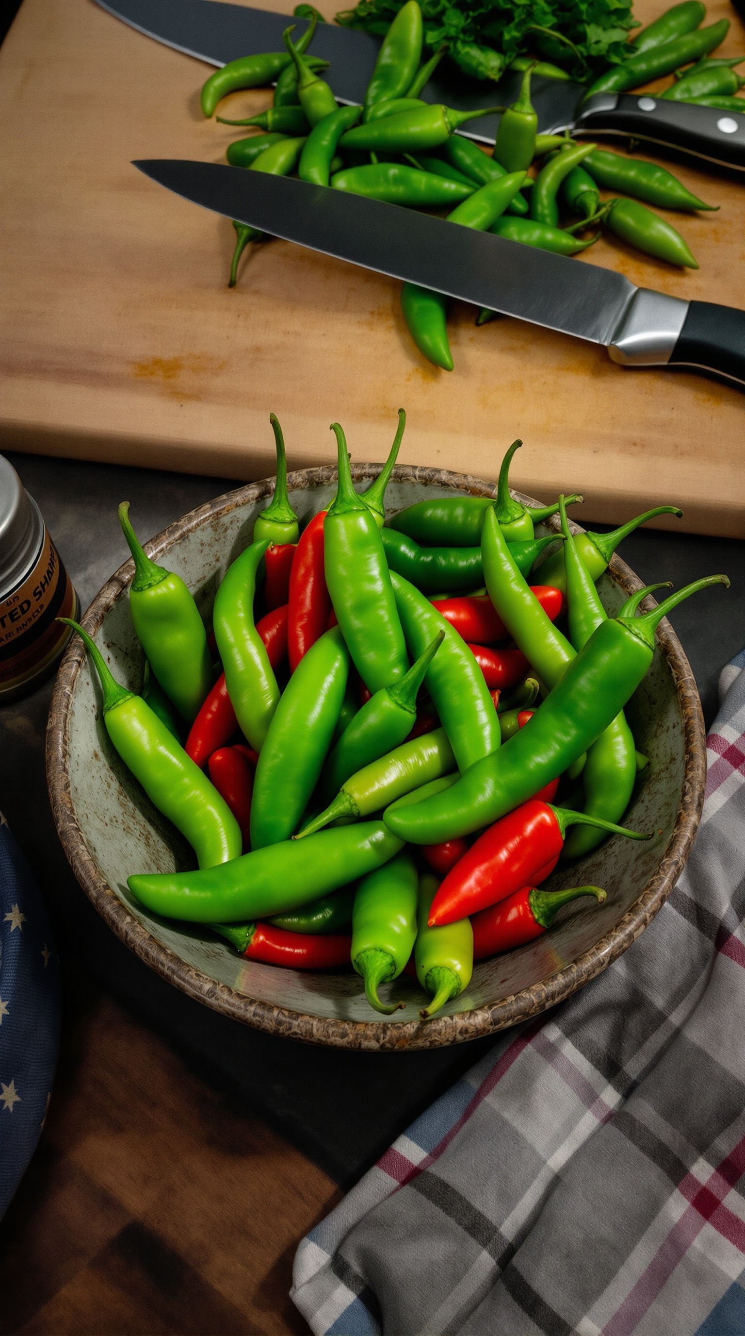 A bowl filled with green and red chili peppers. There are knives and other ingredients in the background, suggesting meal preparation.