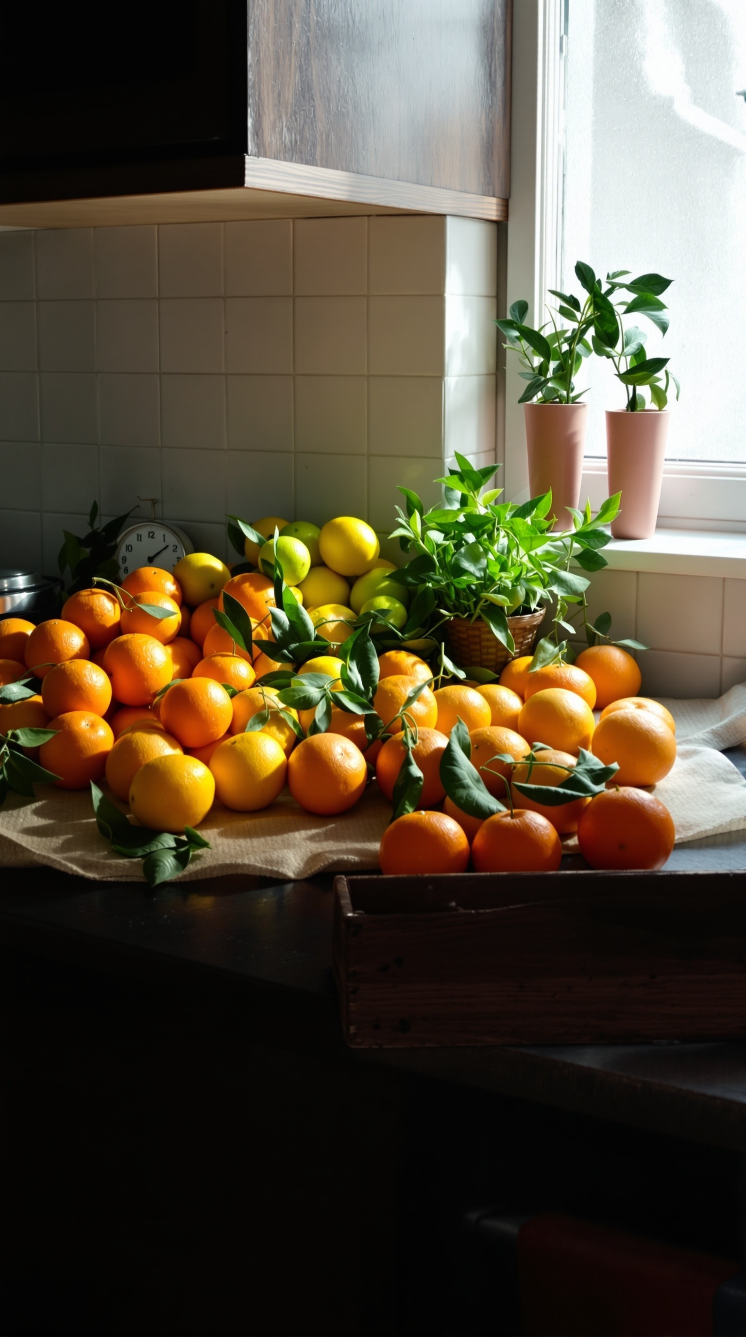 A collection of bright oranges and lemons on a kitchen counter, surrounded by greenery.