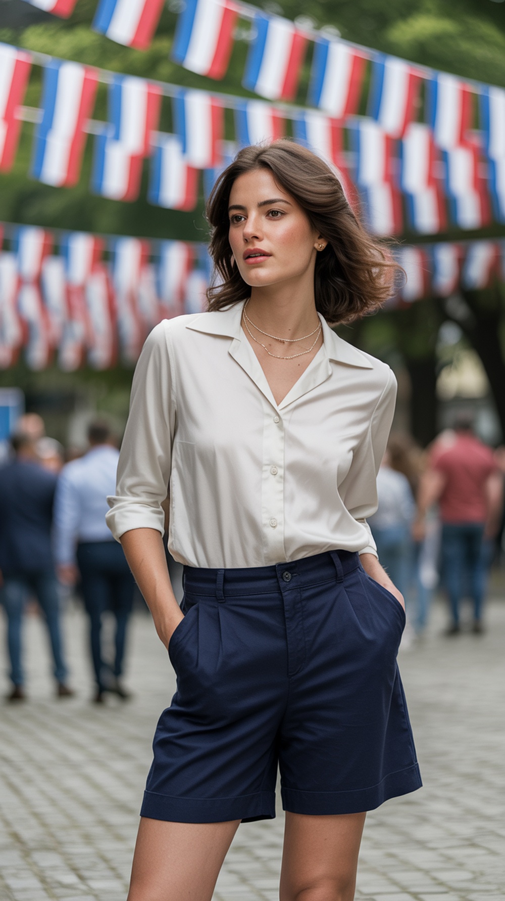 A woman wearing a classic white blouse and navy shorts, posing confidently