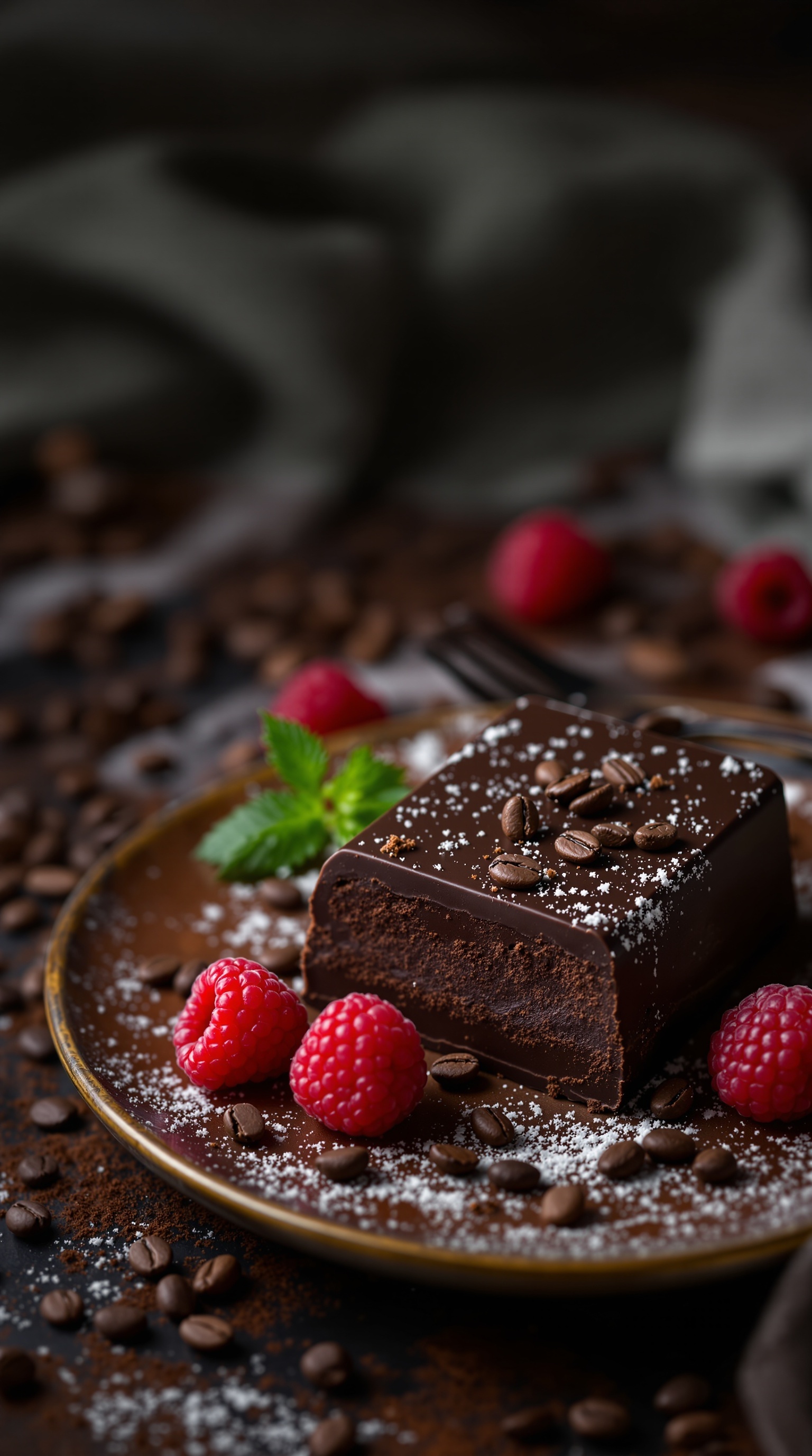 A delicious square of dark chocolate garnished with raspberries and coffee beans on a plate.