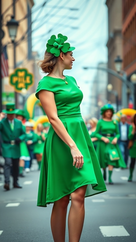 A woman wearing a vibrant emerald green A-line dress with a matching flower accessory, celebrating St. Patrick's Day amidst a festive parade.