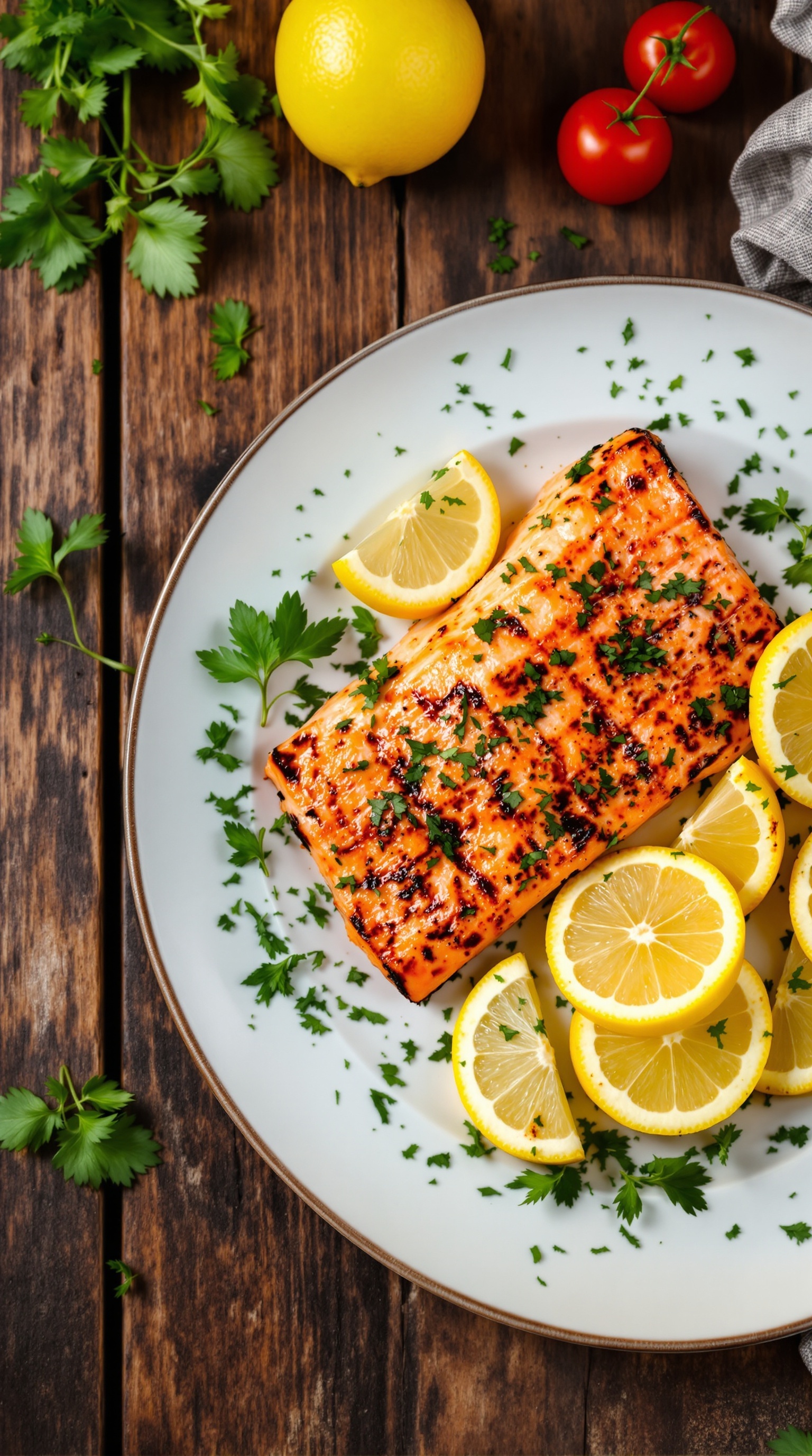 Grilled salmon fillet topped with parsley and served with lemon slices on a plate.