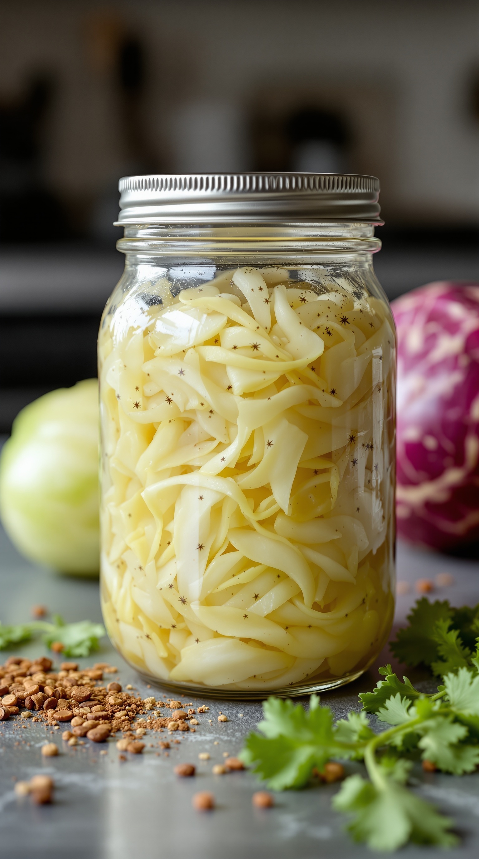 A jar of fermented noodles surrounded by spices and fresh herbs on a table.