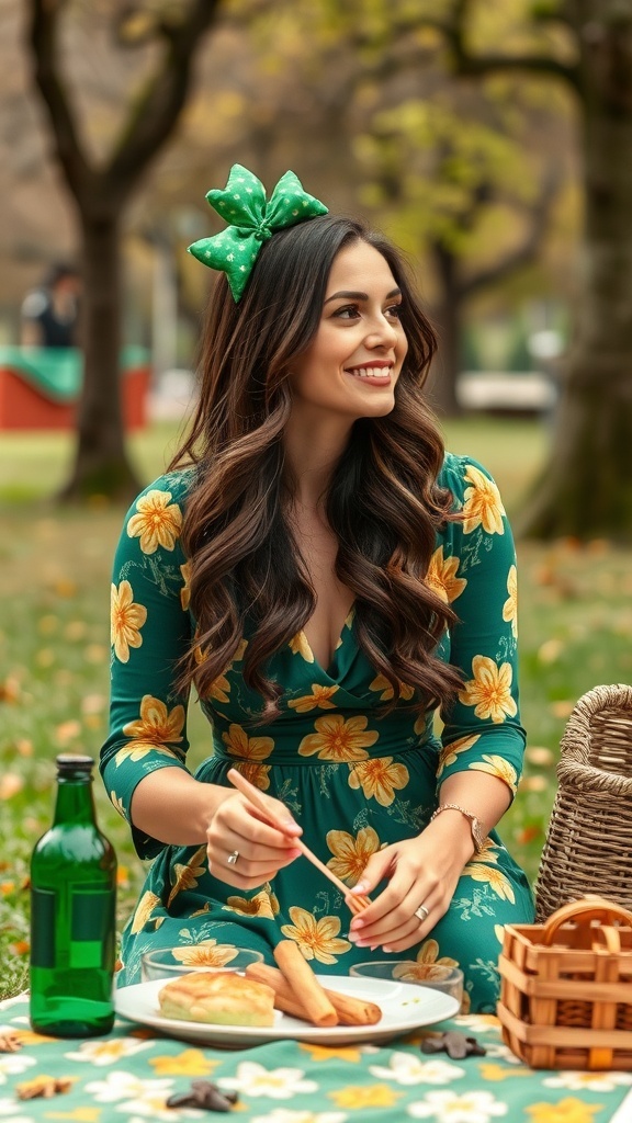 A woman in a green floral print dress sitting outdoors, smiling and enjoying a picnic.
