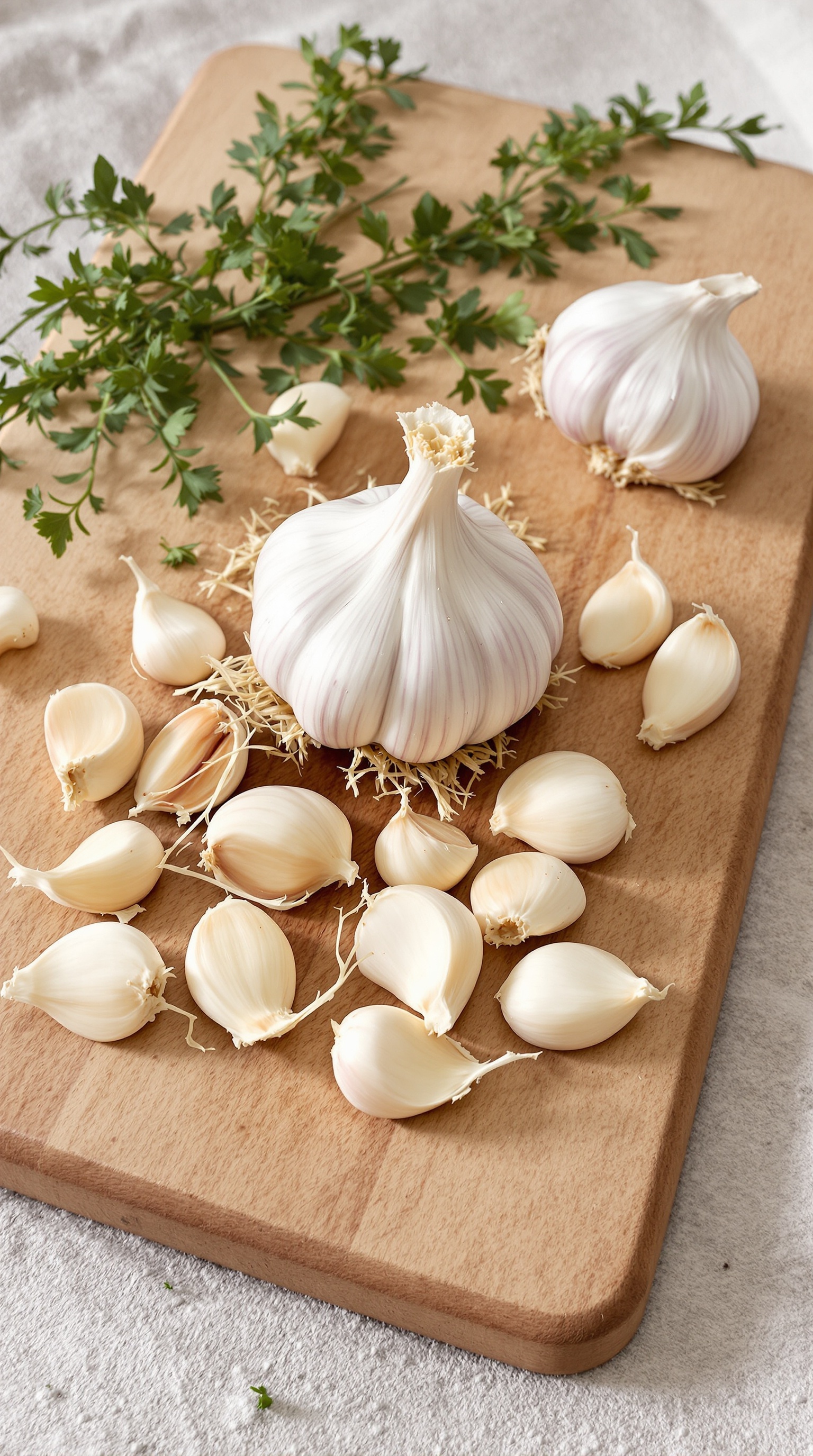 Fresh garlic bulbs and cloves on a wooden cutting board.