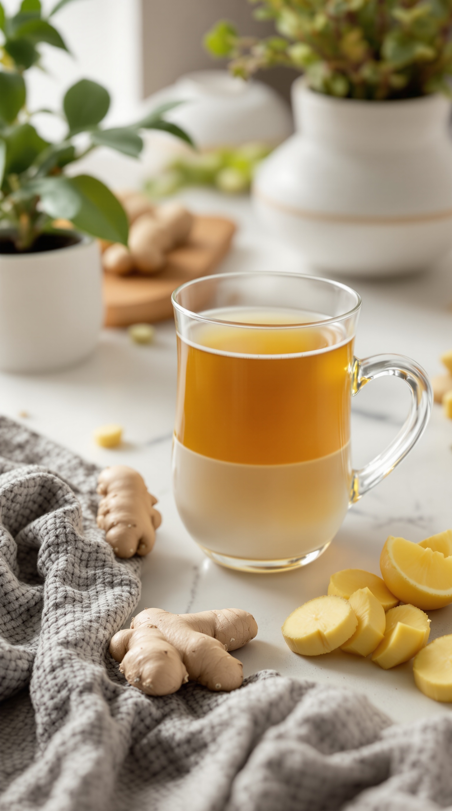 A warm cup of ginger tea with fresh ginger and lemon slices on a countertop.