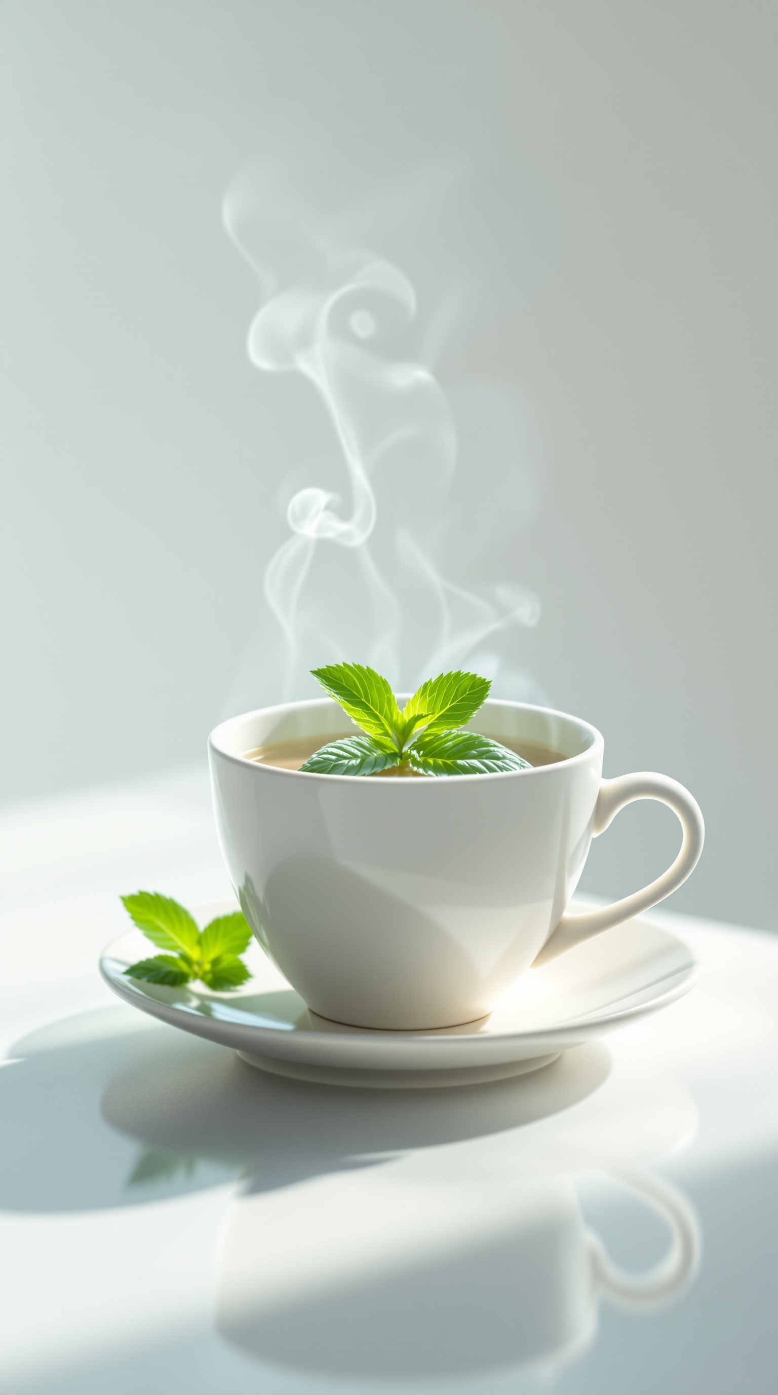 A steaming cup of green tea with mint leaves on top, symbolizing health and wellness.