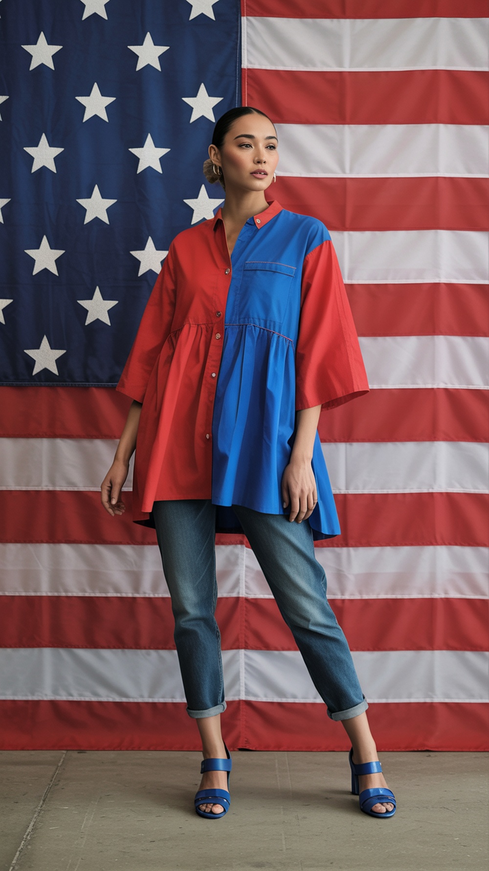 A woman in a layered red and blue tunic stands in front of an American flag