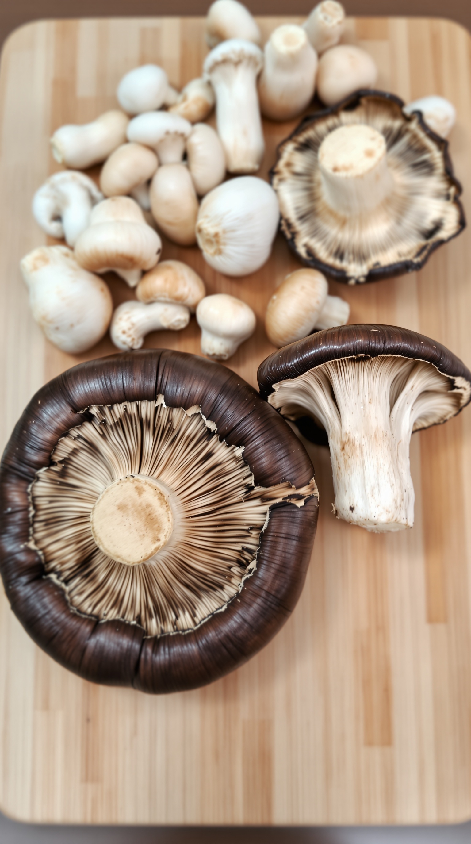 A variety of mushrooms including portobello and white button mushrooms on a wooden cutting board.