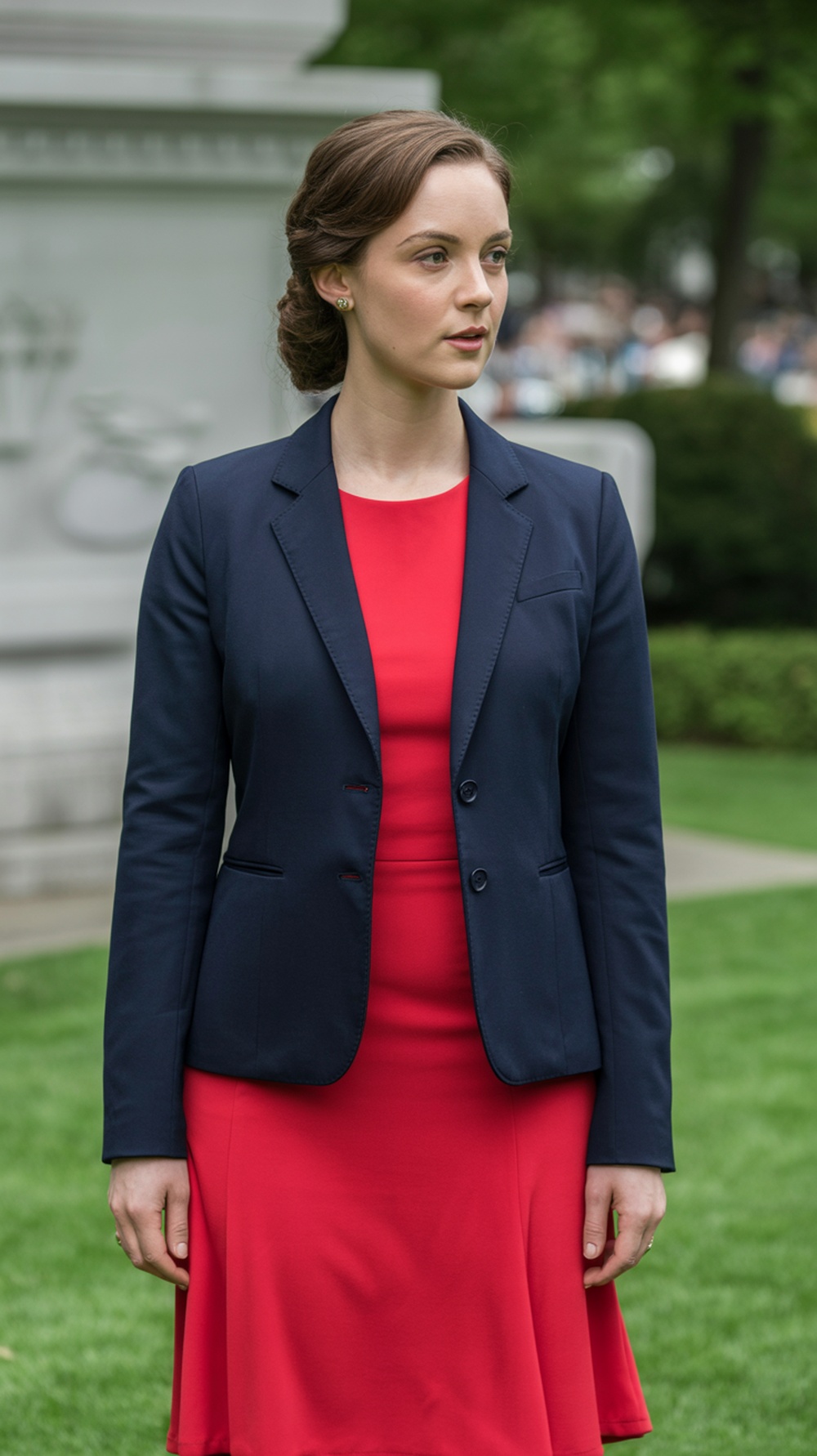A woman wearing a navy blazer over a red dress, posing outdoors.
