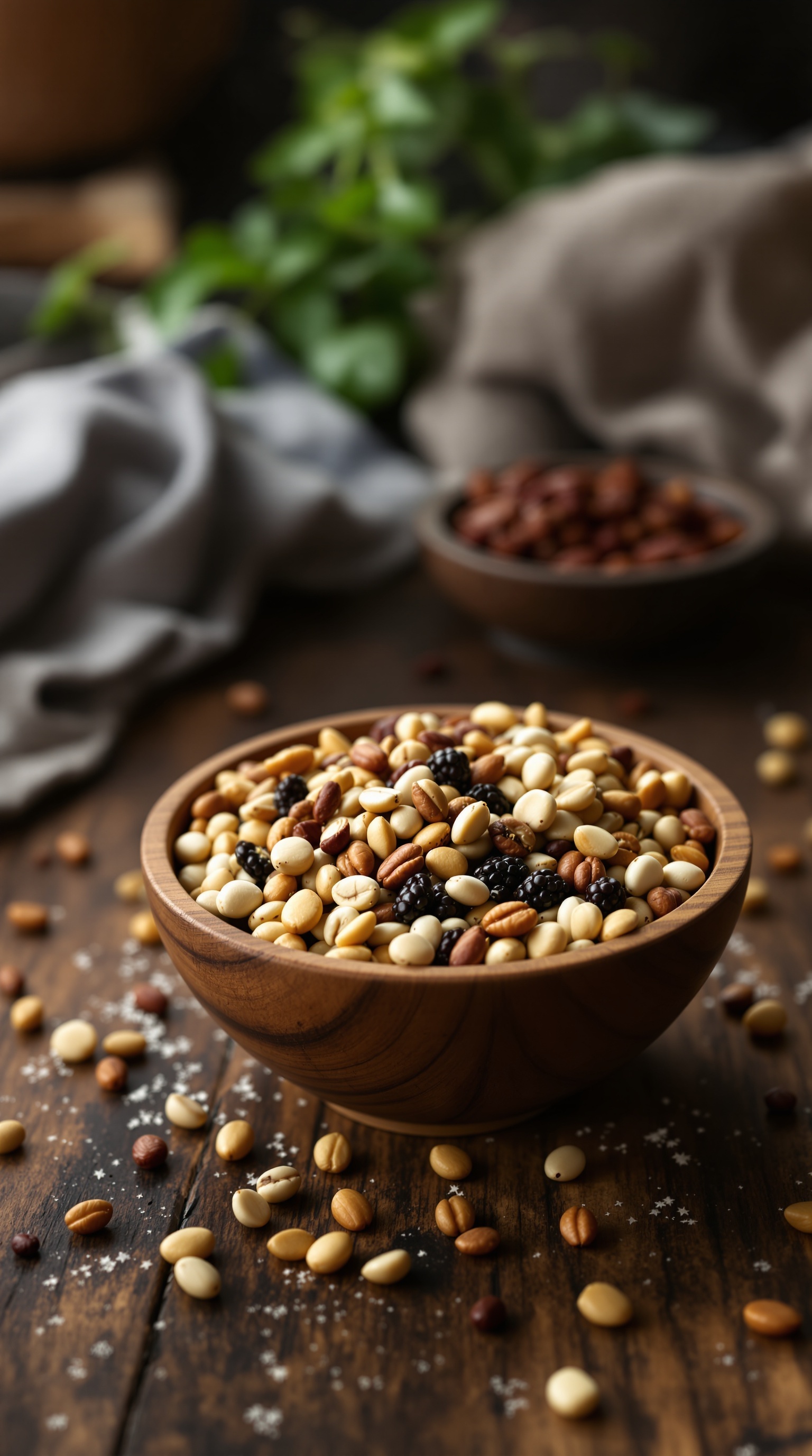 A variety of nuts and seeds in a wooden bowl with some scattered around, showcasing a healthy snack option.