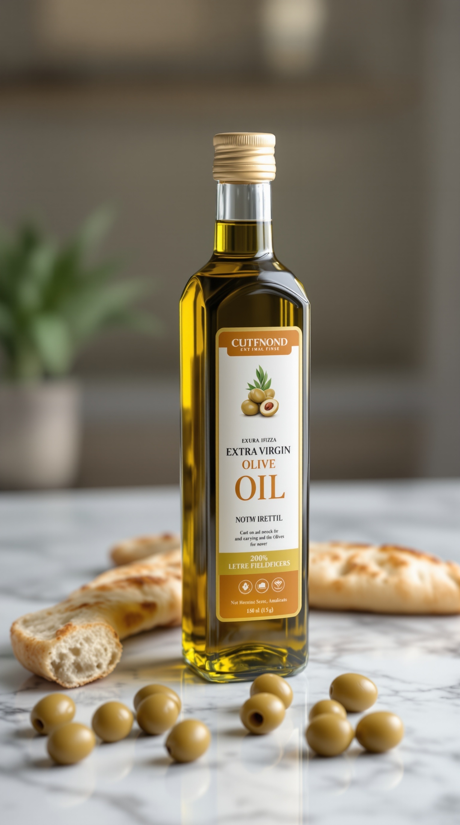 A bottle of extra virgin olive oil next to green olives and flatbread on a marble surface.