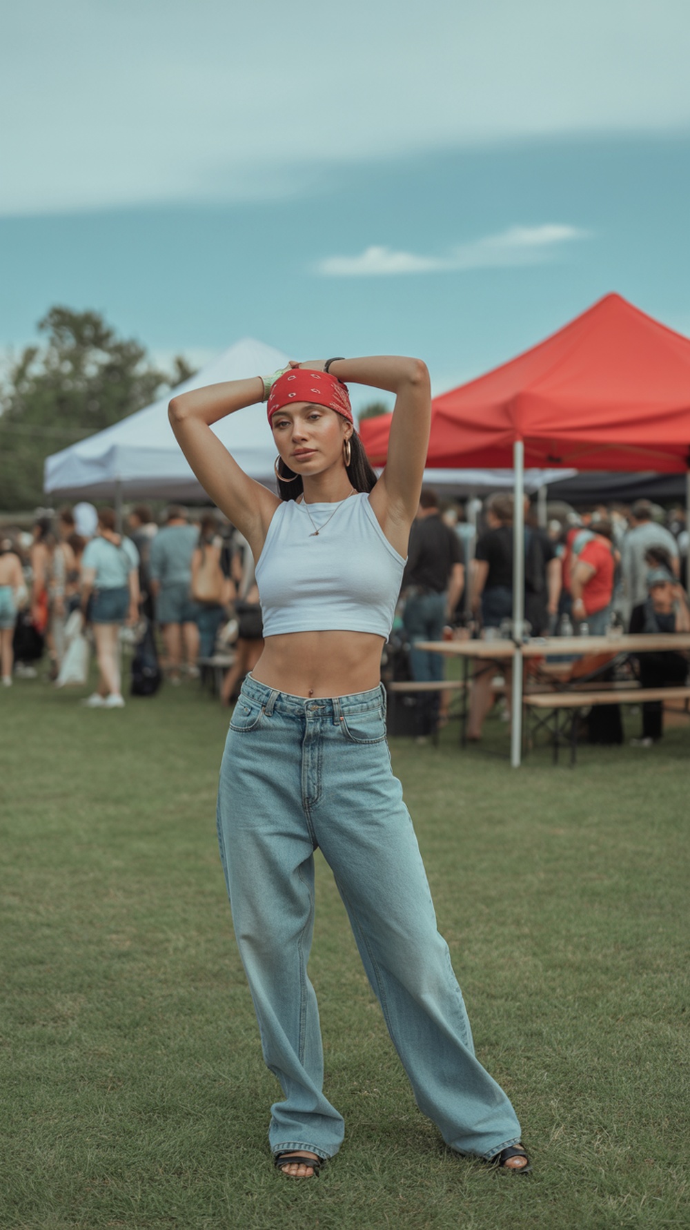 A woman posing outdoors wearing a red bandana, white crop top, and blue jeans.