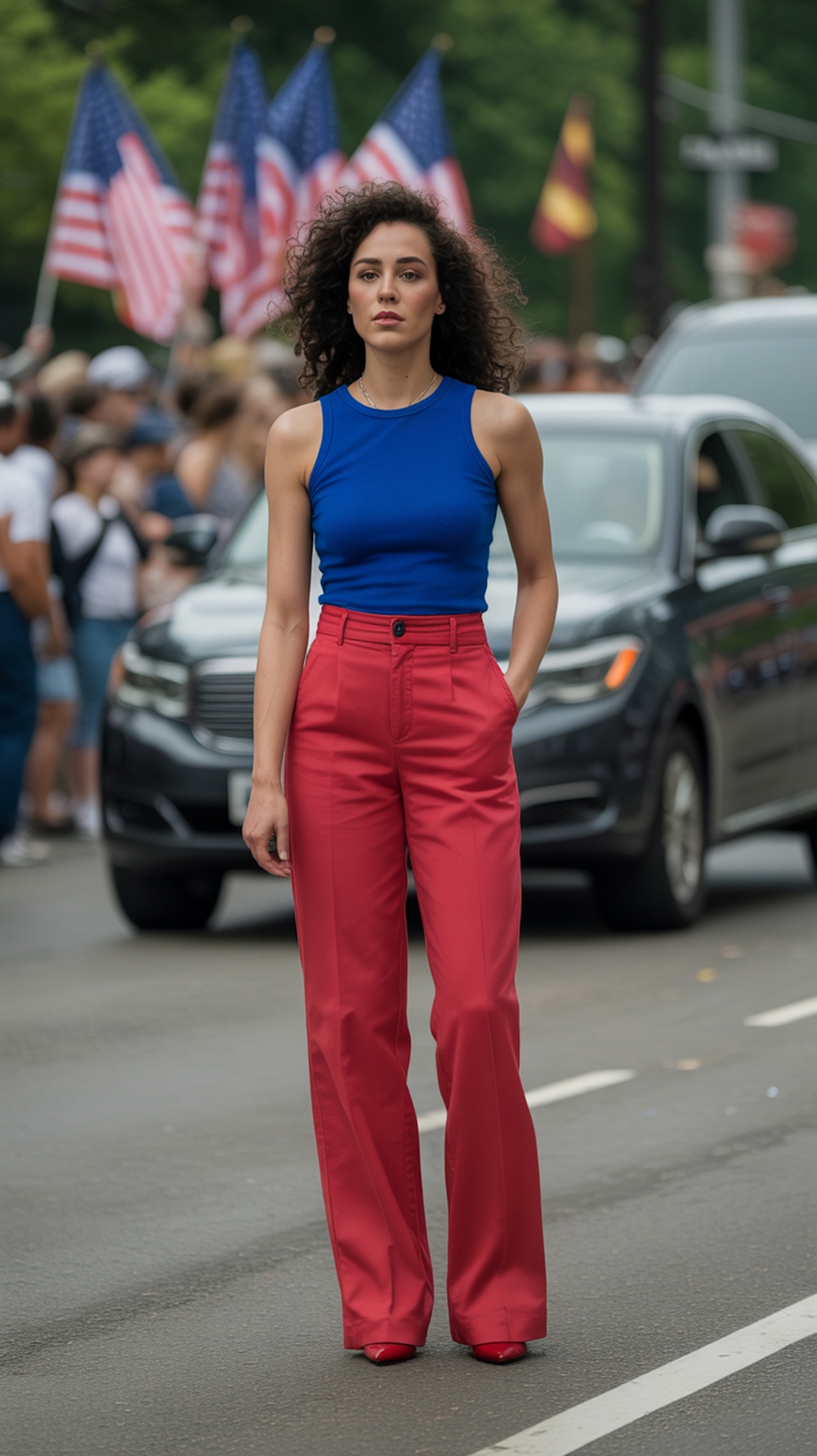 Woman in red high-waisted pants and blue top posing confidently