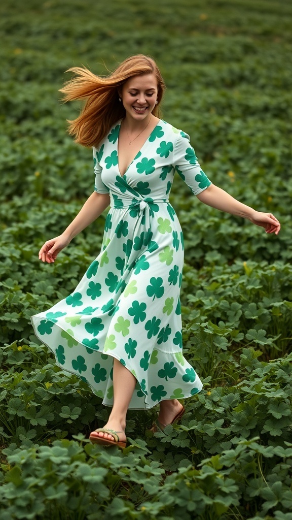 A woman twirling in a shamrock print wrap dress in a green field.