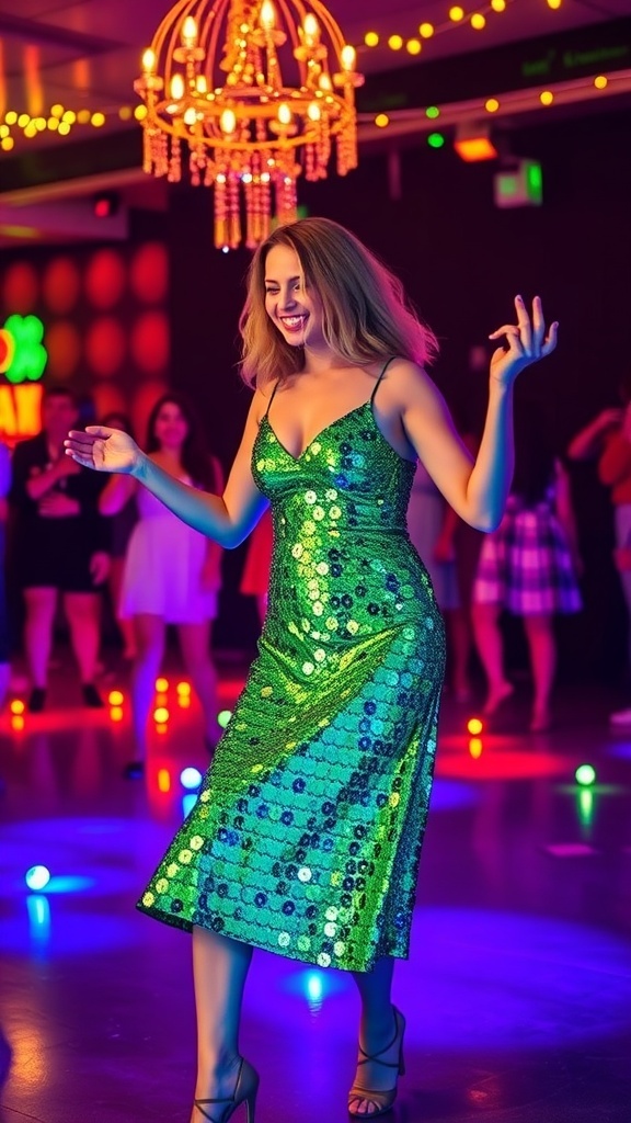 A cheerful woman wearing a sparkly green sequin dress, dancing in a festive atmosphere.