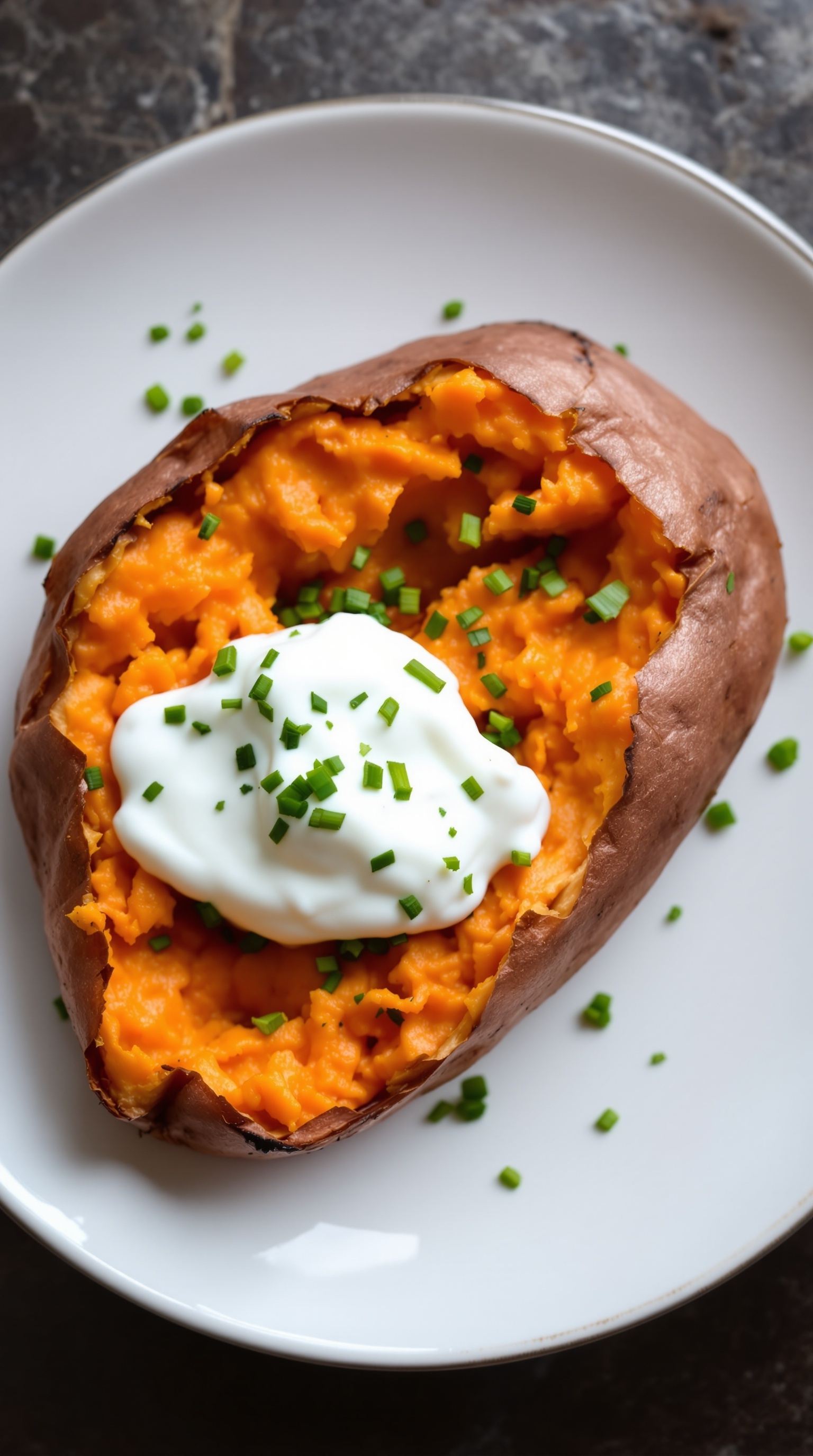 Baked sweet potato topped with yogurt and chives, showcasing its orange flesh.