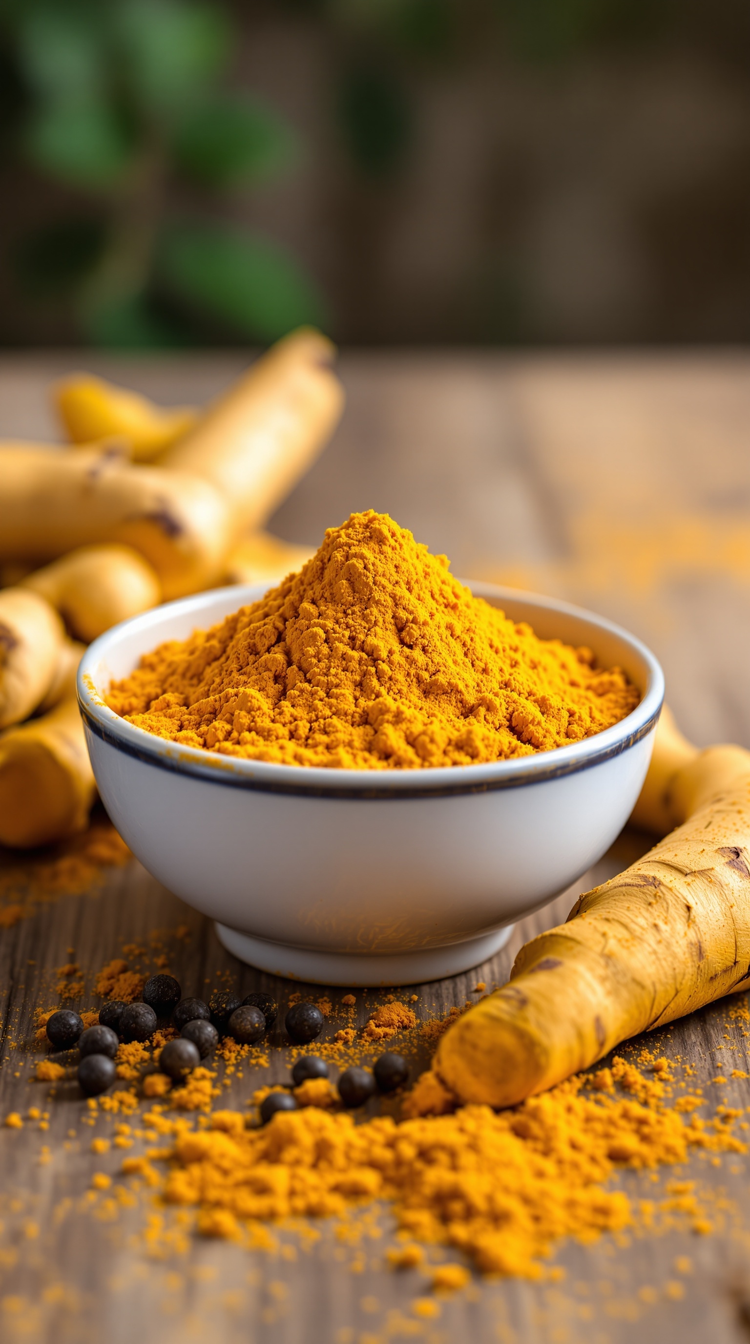 A bowl of turmeric powder with fresh turmeric roots and black pepper on a wooden surface.