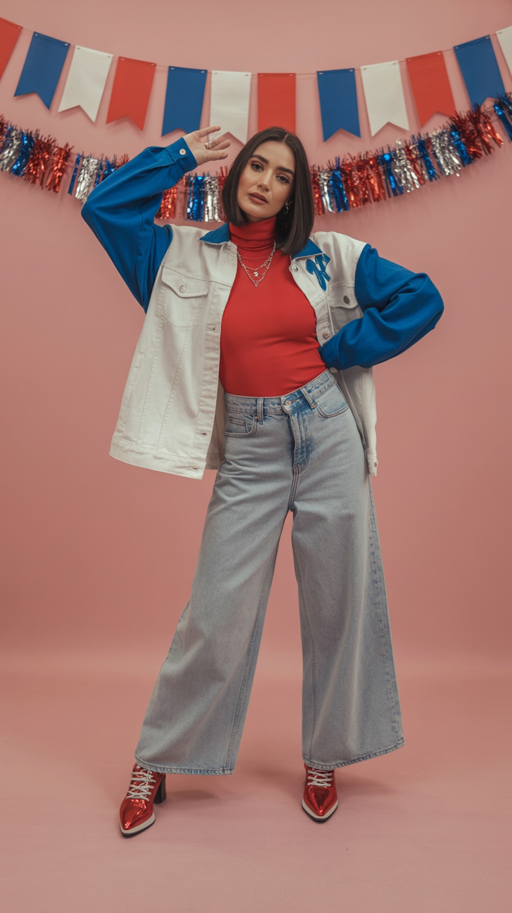 A woman posing confidently in a white denim jacket and red turtleneck, paired with wide-leg jeans and red heels, against a festive red, white, and blue backdrop.