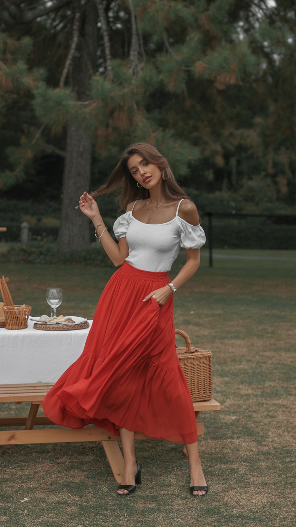 Woman in a white off-shoulder top and red skirt posing outdoors