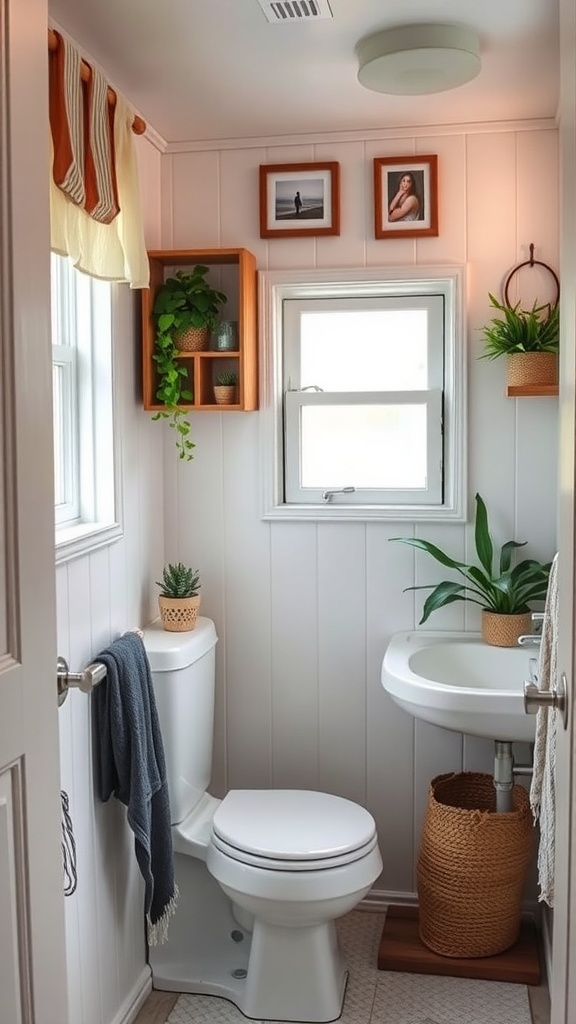 Cozy mobile home bathroom with personal decor elements like framed photos, plants, and textiles.