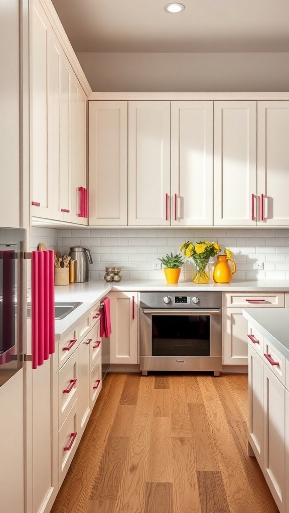 A modern kitchen featuring white cabinets with bold pink hardware, wooden flooring, and yellow accents.