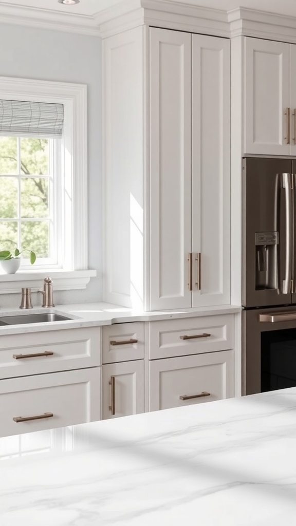 A modern kitchen featuring white cabinets with brushed nickel hardware and marble countertops.