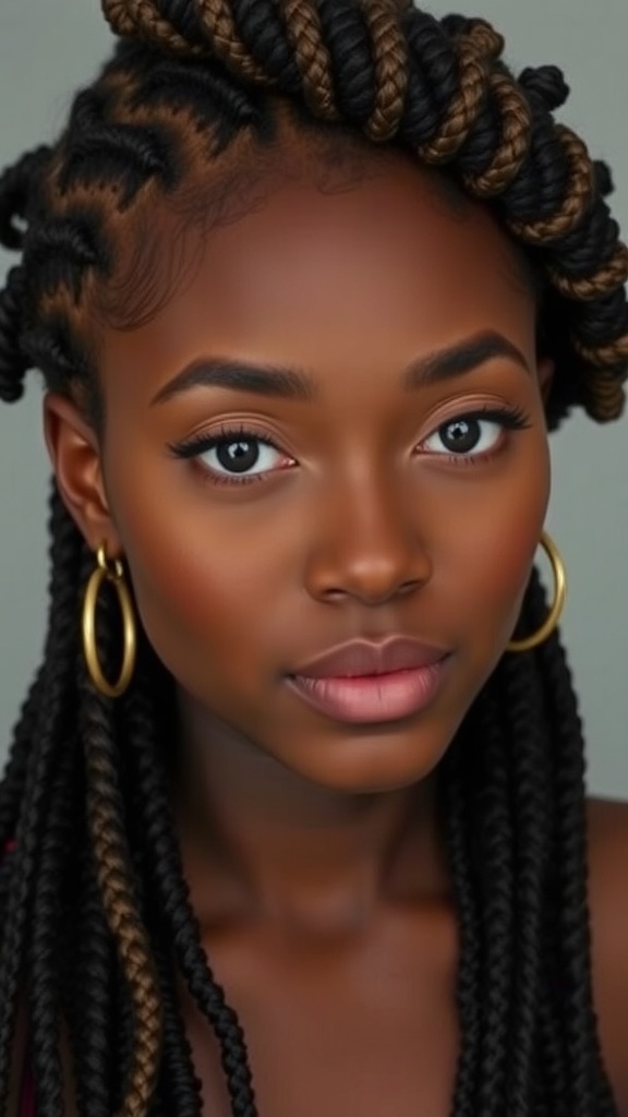 A close-up of a person with classic Marley twists, showcasing a blend of black and brown colors.