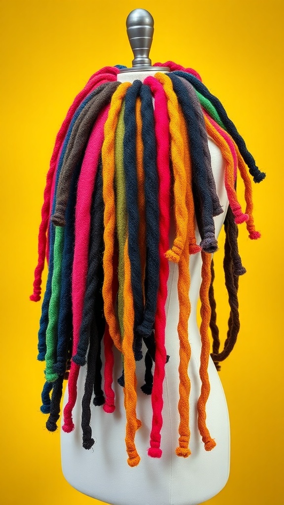 A mannequin with colorful Marley twists in various bright shades against a yellow background.