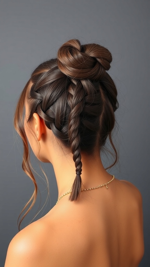 A woman with half-up Marley twists hairstyle featuring a bun and a braid, showcasing a stylish look.