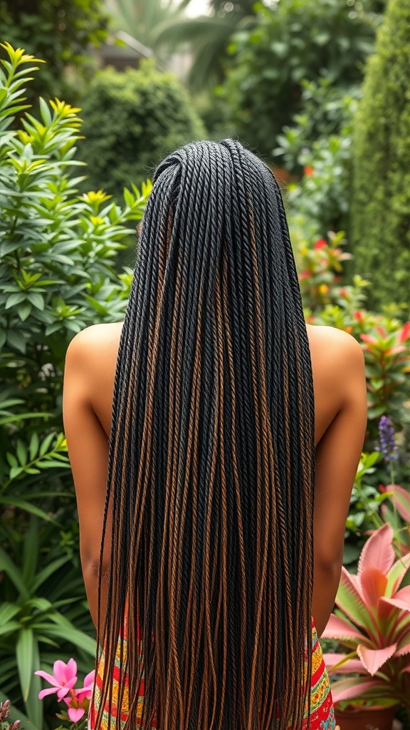 A woman with long Marley twists in a garden setting, showcasing a blend of black and brown hair.