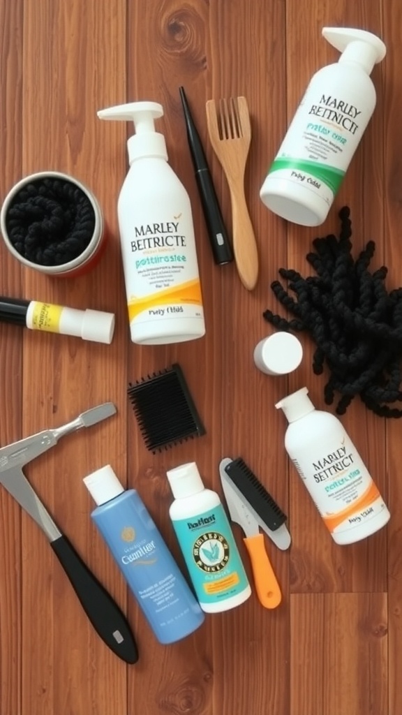 A variety of hair care products and tools for maintaining Marley twists, including moisturizers, combs, and styling tools.