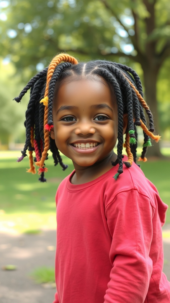 A young girl smiling with colorful Marley twists in her hair, showcasing a playful hairstyle.