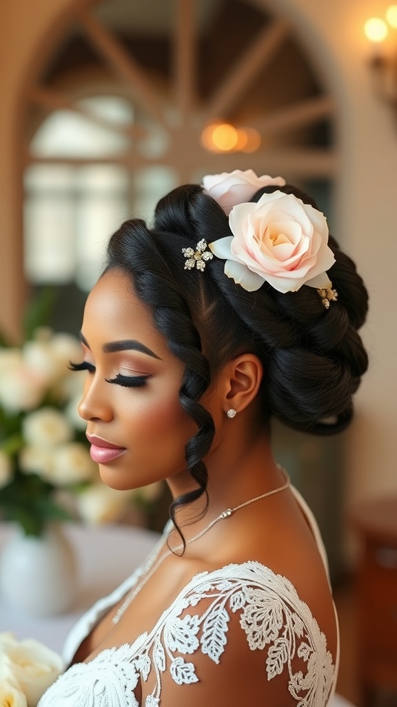 A woman with Marley twists hairstyle adorned with flowers, showcasing an elegant look for a special occasion.