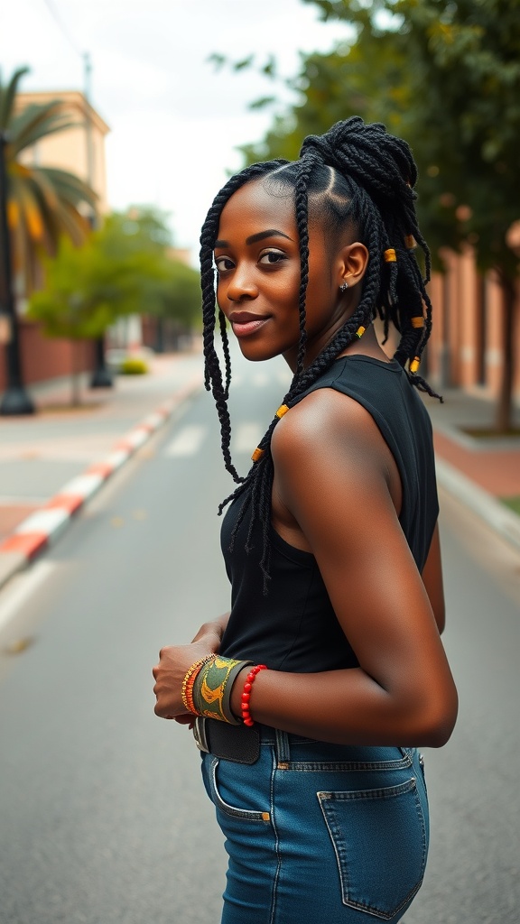 A woman with Marley twists styled with colorful accessories, standing on a street.